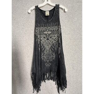 Vocal Tank Top Womens M Black Fringe Rhinestone Aztec Print Tunic Boho Festival